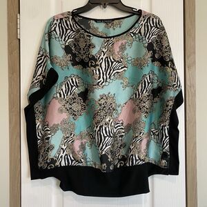 Zac & Rachel Women's Blouse Officecore Teacher Aqua Pink Zebra Oversized Sz S